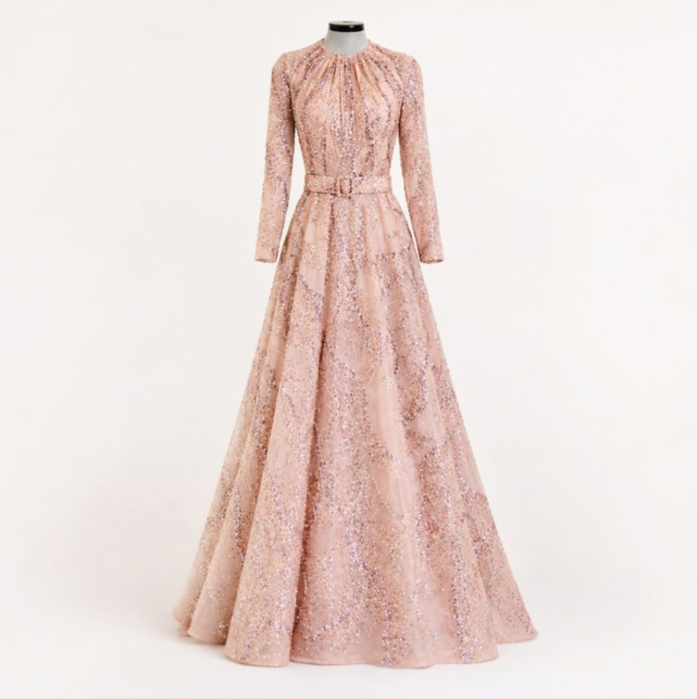 TONY WARD Shimmering Elegant Pink & Silver Beaded Sequin Maxi dress Wedding Gown